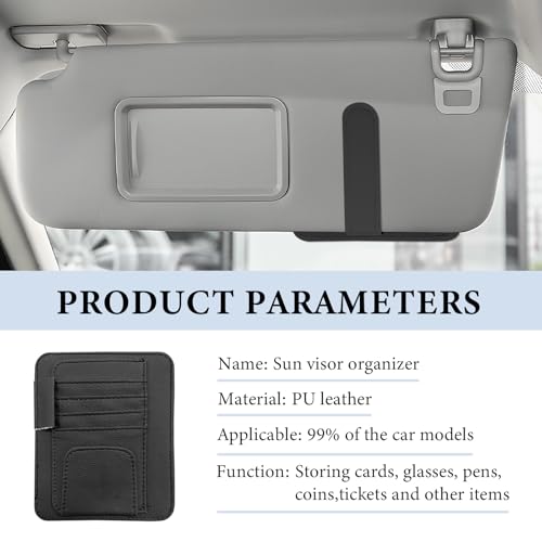 Small Leather Car Sun Visor Organizer, Auto Visor Pouch Card Sleeve Pocket with Sunglasses Clip, Multifunctional Sunvisor Wallet Holder for Driving License Pen Tickets (Black)