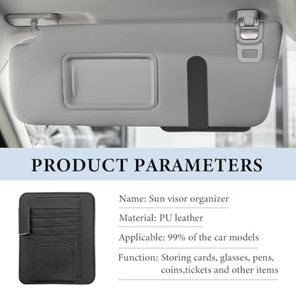 Small Leather Car Sun Visor Organizer, Auto Visor Pouch Card Sleeve Pocket with Sunglasses Clip, Multifunctional Sunvisor Wallet Holder for Driving License Pen Tickets (Black)
