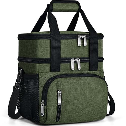 Insulated Lunch Bag for Men & Women, Double Leakproof Lunch Box Soft Cooler Tote with 5 Pockets, 600D Oxford, EVA Lining, Adjustable Strap for Work, Picnic, Beach&Travel-Army Green - color: Army Green, size: Double