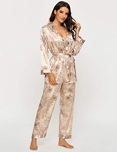 Escalier Women's Silk Satin Pajamas Set 3 Pcs Floral Silky Pj Sets Sleepwear Cami Nightwear with Robe and Pant - color: Camel, size: X-Large