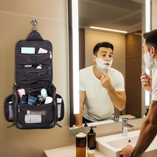 Masa Kawa Leather Hanging Travel Toiletry Bag for Men Portable Expandable Camping Cosmetics Makeup Toiletries Organizer Waterproof Bathroom Shaving Kit Black Wash Bags - color: Black