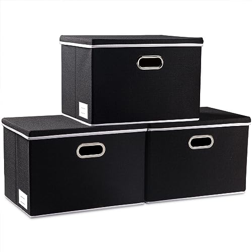 PRANDOM Large Foldable Storage Boxes with Lids [3-Pack] Fabric Collapsible Storage Bins Organizer Containers Baskets Cube with Cover for Home Bedroom Closet Office Nursery Black(17.7x11.8x11.8) - color: Black, size: L(3-Pack)