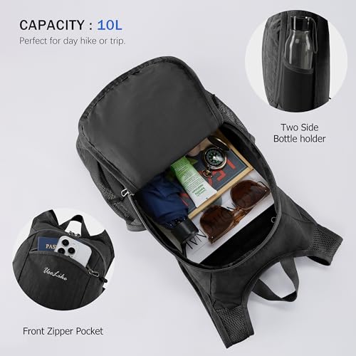 Uselike 10L Small Hiking Backpack Travel Daypack Lightweight Packable Back Pack for Women Men(Black) - color: Black