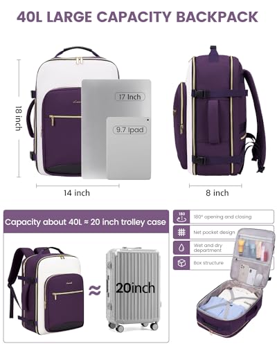 LOVEVOOK 40L Travel Backpack for Women & Men, Airline Approved Carry On Luggage with 3 Packing Cubes, TSA Overnight Bags, Waterproof Personal Item Bag, Weekender Essentials Backpacks fits 17" Laptop - color: Purple-beige-black, size: Large