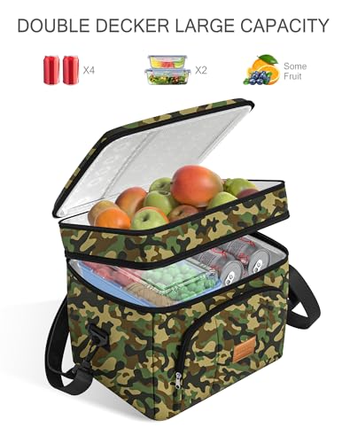 Rnivvi Lunch Box for Men, Double Decker Insulated Cooler Bag Lunch Bag Reusable Leakproof Tote Lunch Container with Strap for Work Family Picnic Camping, 18 Cans 12L, Large Adults, Green Camouflage - color: Green Camouflage