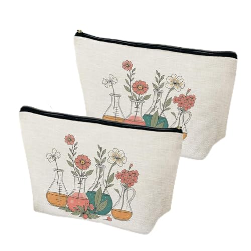 Science Teacher Makeup Bag for Purse, Floral Beakers Laboratory Cosmetic Bag Travel Toiletry Bag for Women, Chemistry Gifts for Science Teacher Zipper Makeup Pouch - color: Science