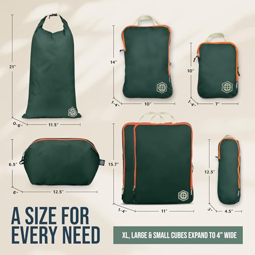 Large Compression Packing Cubes for Travel-Packing Cube Luggage Organizers 7 Piece Set for Checked Luggage-Ultralight, Expandable/Compression Bags by TRIPPED Travel Gear (Green/Orange) - color: Green/Orange