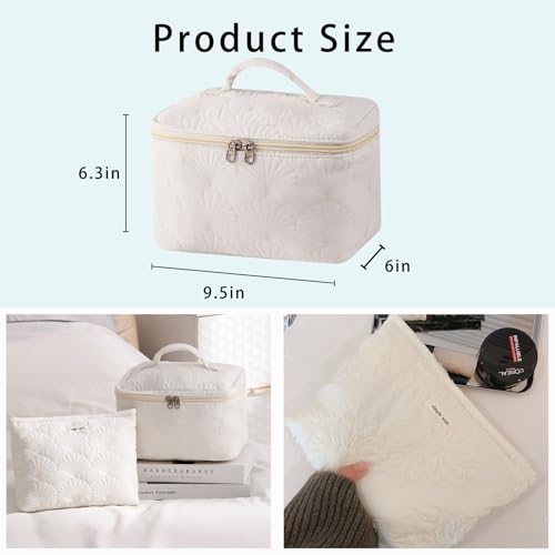 uekeboag White Shells Quilted Cotton Makeup Bag,Coquette Quilted Toiletry Bag for Women and Girls, Floral Coquette Organizer Bag, Aesthetic Travel Cosmetic Bags(White Shells Bag) - color: White Shells Bag