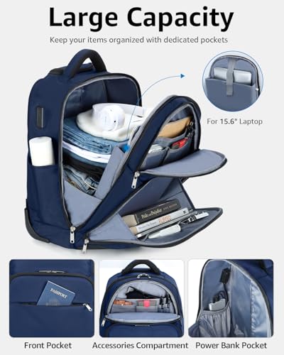 Ponhog Rolling Backpack, 30L Travel Laptop Backpack with Wheels, 15.6 Inch Personal Item Roller Luggage with USB Charging Port Flight Approved for Men Women Adults, Blue - color: Blue