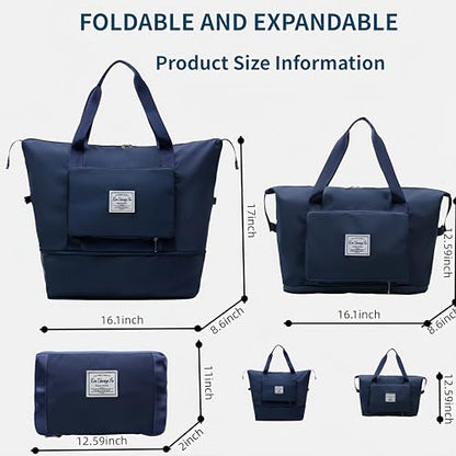 Large Capacity Foldable Travel Bag, Expandable lightweight Carry on Bag, Dry with Wet Separation Spor Duffel Bags (Dark Blue) - color: Dark Blue