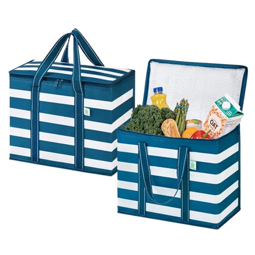 VENO 2 Pack Insulated Cooler Bag, Reusable Grocery Shopping Bag for Food Delivery, Heavy Duty, Large Size, Durable Handles, Double Zippers, Lid, Collapsible (Classic Navy Stripe, 2 Pack) - color: Classic Navy Stripe, size: 2 Pack