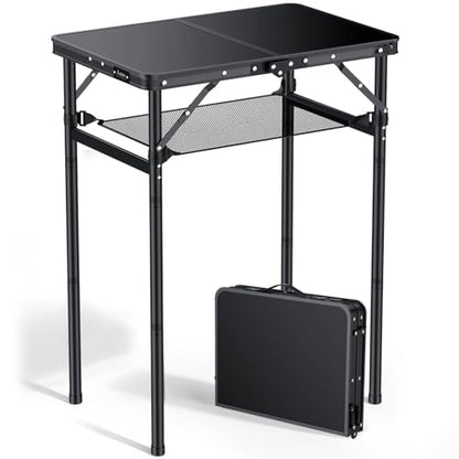 Anbte 2ft Folding Camping Table Max 29.5", 3 Adjustable Height Aluminum Small Folding Table with Storage Net & Portable Handle, Lightweight, for Travel Outdoor Beach Picnic Camp, 23.2" x 16", Black - size: 24"L x 16"W x 29.5H"