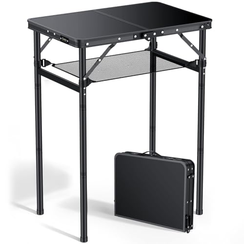Anbte 2ft Folding Camping Table Max 29.5", 3 Adjustable Height Aluminum Small Folding Table with Storage Net & Portable Handle, Lightweight, for Travel Outdoor Beach Picnic Camp, 23.2" x 16", Black - size: 24"L x 16"W x 29.5H"
