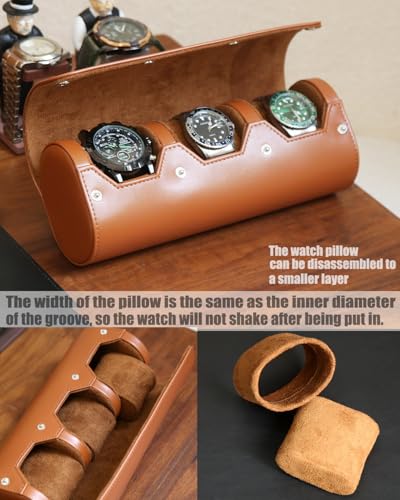 watch box organizer for mens watch case travel roll Portable 3 Watch Display Storage with Velvet Sections to Holder Large Watch (Light Brown) - color: Light Brown