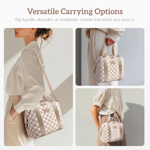 Lunch Bag Women Insulated Lunch Box,Cute Lunch bags,Reusable Large Capacity Leakproof Cooler Bag with Adjustable Shoulder Strap, Retro Lunch tote for Work Office Picnic Travel(Checker Beige Brown) - color: Beige brown