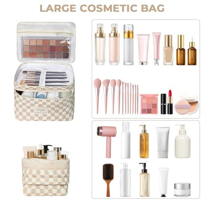 Gosect Makeup Bag, Quilted Cosmetic Bag Set, Drawstring Makeup Bag with Canvas Lining, Large Floral Toiletry Bag for Women Girls, Cute Cotton Flower Travel Organizer Bag (Brown Flower - color: Brown Flower