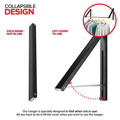 Double Foldable Clothing Rack w/ Extension Rod, Wall-Mounted Retractable Clothes Hanger for Laundry Dryer Room, Hanging Drying Rod, Small Collapsible Folding Garment Racks, Dorm Accessories (Black) - color: Black