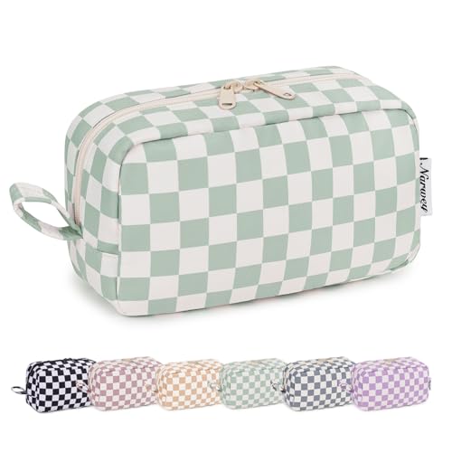 Narwey Checkered Makeup Bag, Travel Cosmetic Bag Organizer, Toiletry Bag Make Up Bags with Comparments for Women and Girls, Gift for Teen Girls (Mint Green Checkerboard, Large) - color: AA-Mint Green Checkerboard, size: Large