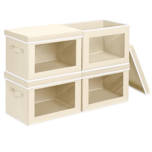 Homsorout Storage Bins with Lids - Fabric Closet Storage Bins with Window, Collapsible Baskets for Shelves 4 Pack, Home Decorative Boxes for Clothes, Closet, Office, Beige - color: Beige yellow, size: L(4-Pack)