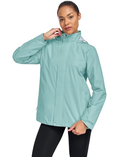 Hount Womens Waterproof Raincoat Lightweight Packable Striped Lined Rain Jacket Casual Travel Outdoor Hooded Jakctes - color: Bean Green, size: X-Large