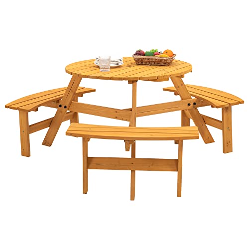 6 Person Circular Outdoor Wooden Picnic Table Sets for Patio Backyard Garden DIY w/3 Built-in Benches 1720lb Capacity, Natural - color: Natural-6-round
