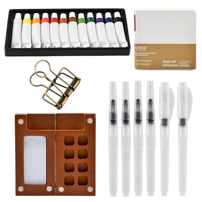 Mini Watercolor Travel Set (9-Piece), 8-Grid Walnut Palette with 12 Watercolor Paints, Mini Sketchbook, 6 Brush Pens and Metal Clip, Pocket Painting Kit for Outdoor Sketching and Travel