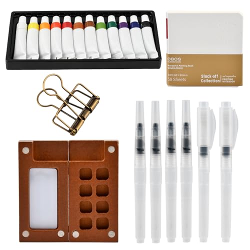 Mini Watercolor Travel Set (9-Piece), 8-Grid Walnut Palette with 12 Watercolor Paints, Mini Sketchbook, 6 Brush Pens and Metal Clip, Pocket Painting Kit for Outdoor Sketching and Travel