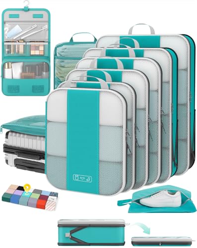 OlarHike 10-Pack Compression Packing Cubes for Travel Essentials,Compressible Expandable Packing Cubes for Suitcase,Luggage Garment Bags for Travel,Handy Helper for Organizing Clothes(Blue Green) - color: Blue Green