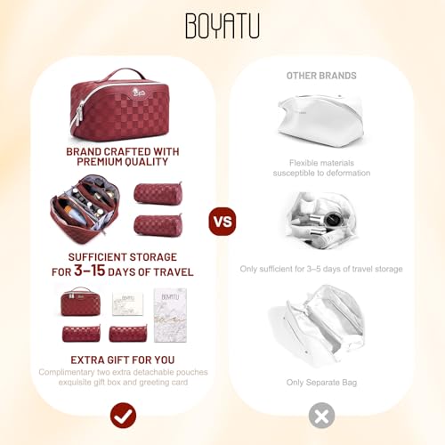 BOYATU Travel Makeup Bag Organizer: 3 Pcs Set Large Capacity Cosmetic Bags Holds 10–20 100ml Full-Size Bottles - 180°Open-Flat Make up Case 3-sec touch-up - Toiletry Bag Gift women (03-A-Red) - color: 01-F-Red