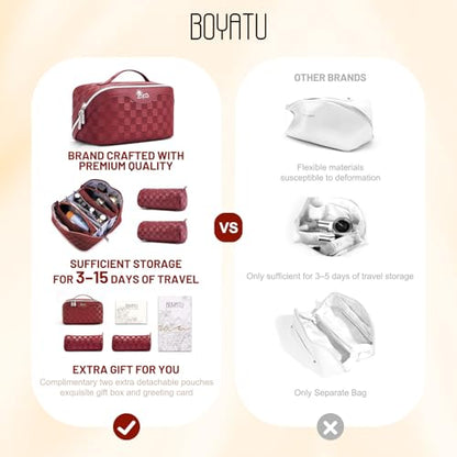 BOYATU Travel Makeup Bag Organizer: 3 Pcs Set Large Capacity Cosmetic Bags Holds 10–20 100ml Full-Size Bottles - 180°Open-Flat Make up Case 3-sec touch-up - Toiletry Bag Gift women (03-A-Red) - color: 01-F-Red