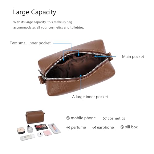 PU leather Organizer Bag Lightweight Cosmetic Bag with Ring Clasp Perfect Travel Makeup Bag for Women (Toffee Brown/PU) - color: Toffee Brown/PU