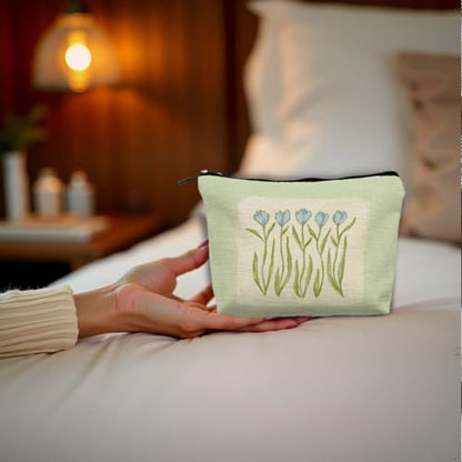 Grandmillennial Blue Tulip Floral Makeup Cosmetic Bag for Women, Modern Southern Blue and Green Botanical Flower Aesthetic Portable Travel Toiletry Bag Zipper Makeup Pouch - color: Flower seven