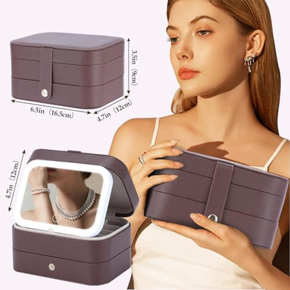 Travel Jewelry Case with LED Makeup Mirror, Portable Travel Jewelry Organizer, 2-Layer Jewelry Box for Earrings Necklace Bracelet Rings, Birthday Gifts for Women Girls (Dark Brown)