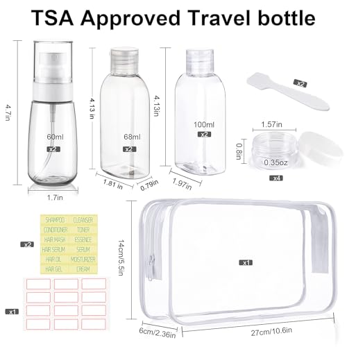 Travel Size Bottles for Toiletries 10 Pack Travel Size Toiletries TSA Approved Shampoo and Conditioner Bottles Refillable Spray Bottle Leak Proof Small Cream Jars for Body Wash Lotion - color: D-Transparent