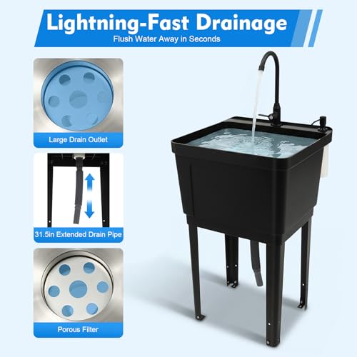 Black Utility Sink, Free Standing Laundry Sink, Laundry Tub Sink with Faucet+Soap Dispenser+Drain Pipe Kit, Laundry Room Sink for Restaurants, Laundries, Stores - color: Black, 19.7 x 19 x 33.1in