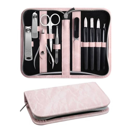 Manicure Pedicure Set, Nail Clipper Set 10-Piece Set Professional Manicure Kit Nail Kit with Portable Pink Travel Case Gift for Men Boyfriend Parent - color: Pink