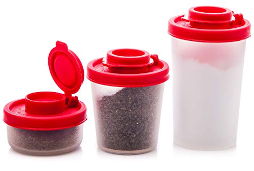 SIGNORAWARE Salt and Pepper Shakers Moisture Proof Set of Salt Shaker to go Camping Picnic Outdoors Kitchen Lunch Boxes Travel Spice Set Clear with Red Lids Plastic Airtight Dispenser (Combo 3 pack) - size: Combo, 3 pack