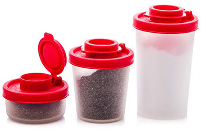SIGNORAWARE Salt and Pepper Shakers Moisture Proof Set of Salt Shaker to go Camping Picnic Outdoors Kitchen Lunch Boxes Travel Spice Set Clear with Red Lids Plastic Airtight Dispenser (Combo 3 pack) - size: Combo, 3 pack