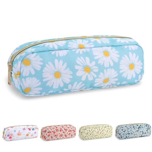Waterproof Small Floral Pencil Case Makeup Bag for Purse,Cute Flower Pencil Pouch Preppy Nylon Makeup Brush Holder with Zipper,Girls Portable Storage Case Small Pen Bag for Work(Slim Blue-Daisy) - color: Blue-Daisy, size: Slim
