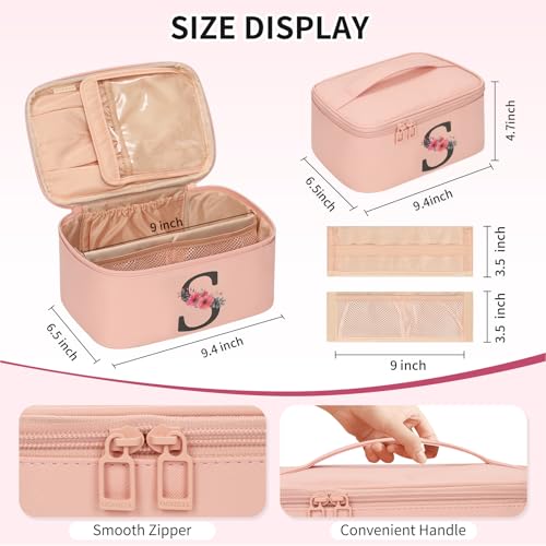 OCHEAL Initial Makeup Bag,Monogram Make up Bag Pink Travel Makeup Organizer Case Beauty Toiletry Cosmetic Bag with Brush Holder, Trendy Stuff Personalized Gifts for Women and Girls-S - color: Pink, style: S