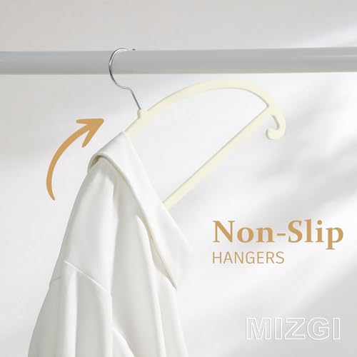 MIZGI 50 Pack Ivory Velvet Hangers - No Shoulder Bumps, Heavy Duty Non-Slip Chrome Hooks for Jackets, Coats, Pants - color: Ivory/Upgraded