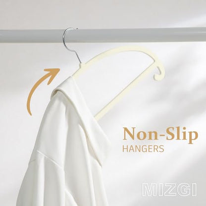 MIZGI 50 Pack Ivory Velvet Hangers - No Shoulder Bumps, Heavy Duty Non-Slip Chrome Hooks for Jackets, Coats, Pants - color: Ivory/Upgraded