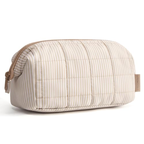 BAGSMART Makeup Bag Travel Toiletry Bag, Puffy Padded Make Up Bags for Women Makeup Organizer Case, Wide-open Pouch Purse Travel Essentials Toiletries Accessories Brushes, Strip Khaki Brown - color: 10-Cream Striped