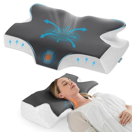 Elviros Cervical Neck Pillow for Sleeping, Memory Foam Pillow for Neck Pain Relief, Side Sleeper Cooling Pillows for Adults, Neck Support with Removable Pillowcase for Back & Stomach Sleepers - color: Dark Gray, size: Queen Size 23.6"L x 14.6"W x 5.1"H