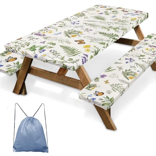 Picnic Table Cover with Bench Covers Elastic Edges, Wildflower Flower Camper Fitted Table Cover, Outdoor Camping Essentials 72 Inch 3PCS, Waterproof Camping Fitted Tablecloth with Drawstring Bag - color: Wildflower Botanical, size: 72in