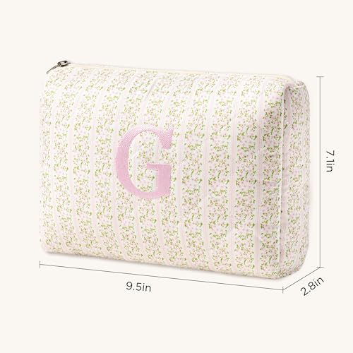 HBselect Initial Quilted Makeup Bag, Pink Cosmetic Travel Toiletry Bag, Flowers Coquette Zipper Make Up Pouch Organizer Teen Girl Gift Trendy Stuff G - color: 1Pc Medium Pinkflower, style: G