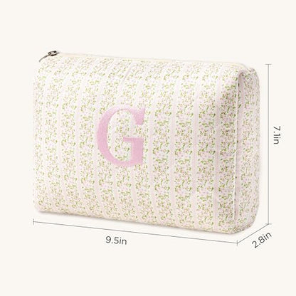 HBselect Initial Quilted Makeup Bag, Pink Cosmetic Travel Toiletry Bag, Flowers Coquette Zipper Make Up Pouch Organizer Teen Girl Gift Trendy Stuff G - color: 1Pc Medium Pinkflower, style: G