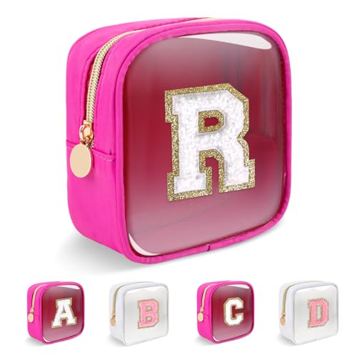 Personalized Initial Letter Clear Preppy Makeup Bag,Mini Nylon Chenille Letter Cosmetic Bag Cute Zipper Pouch Coin Purse for Teen Girls,Portable TSA Approved Travel Essentials Bag Gift for Women,R - color: Mini-Hot Pink, size: R