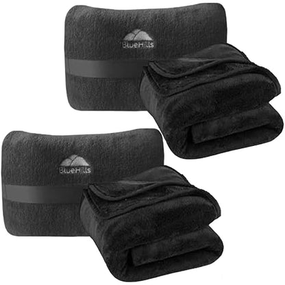 BlueHills 2-Pack Mini Premium Soft Plush Travel Blanket Pillow Airplane Essentials Flight Throw in Bag with Hand Luggage Strap Backpack Clip Accessories Portable Traveling Plane Blankets Black - M25 - color: Black-2pk-m25