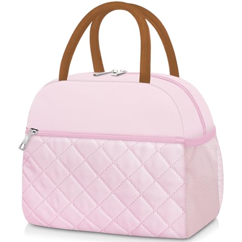 KUBYA Lunch Box for Women Adult Men Insulated Cute Quilted Lunch Bag Women Reusable Large Lunch Tote Bag Leakproof Simple Cooler Bag for Work Office Picnic Beach or Travel - color: B-Pink 1, size: Medium - 10L